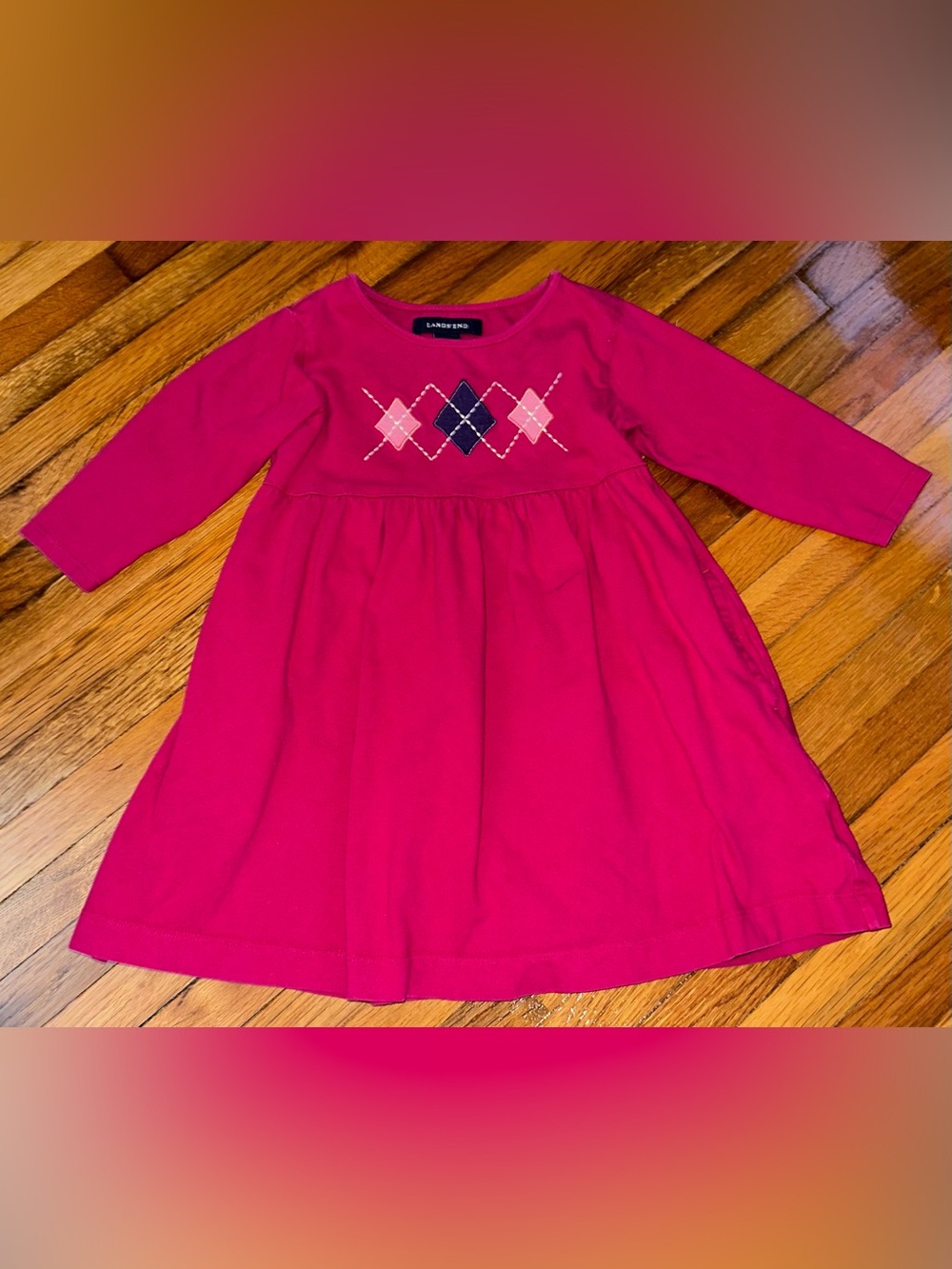 Lands' End Girls' Bright Pink Long-Sleeve Argyle Dress with Pockets